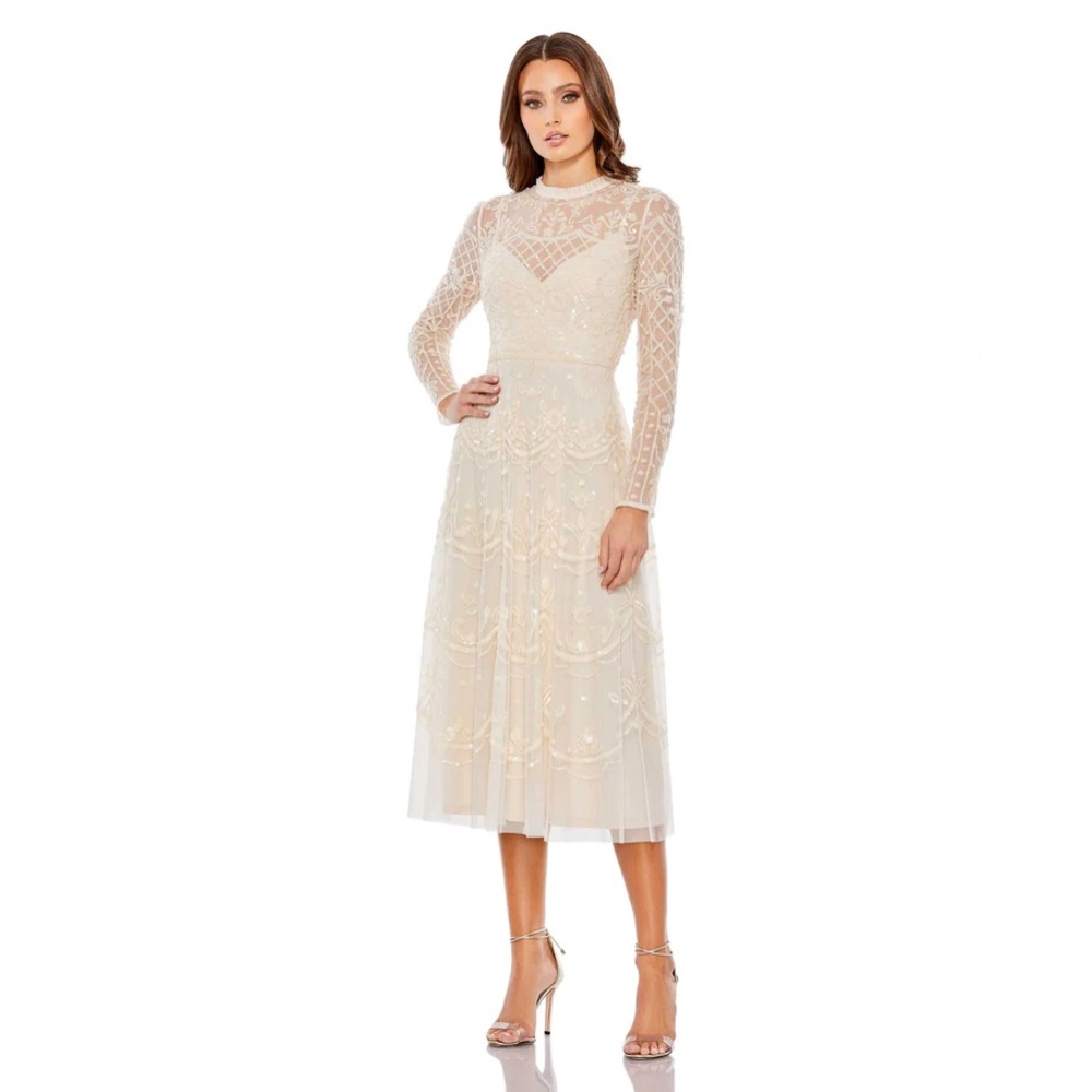 COPY - Mac Duggal Sequined Illusion High Neck Long Sleeve Midi Dress